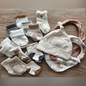 Newborn LOT Socks, bibs, hat, baby shower gift maternity pregnancy infant bundle